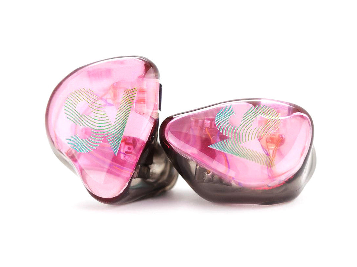 Empire Ears ESR MKII custom IEMs with Transluscent Cherry Pink faceplates and custom artwork