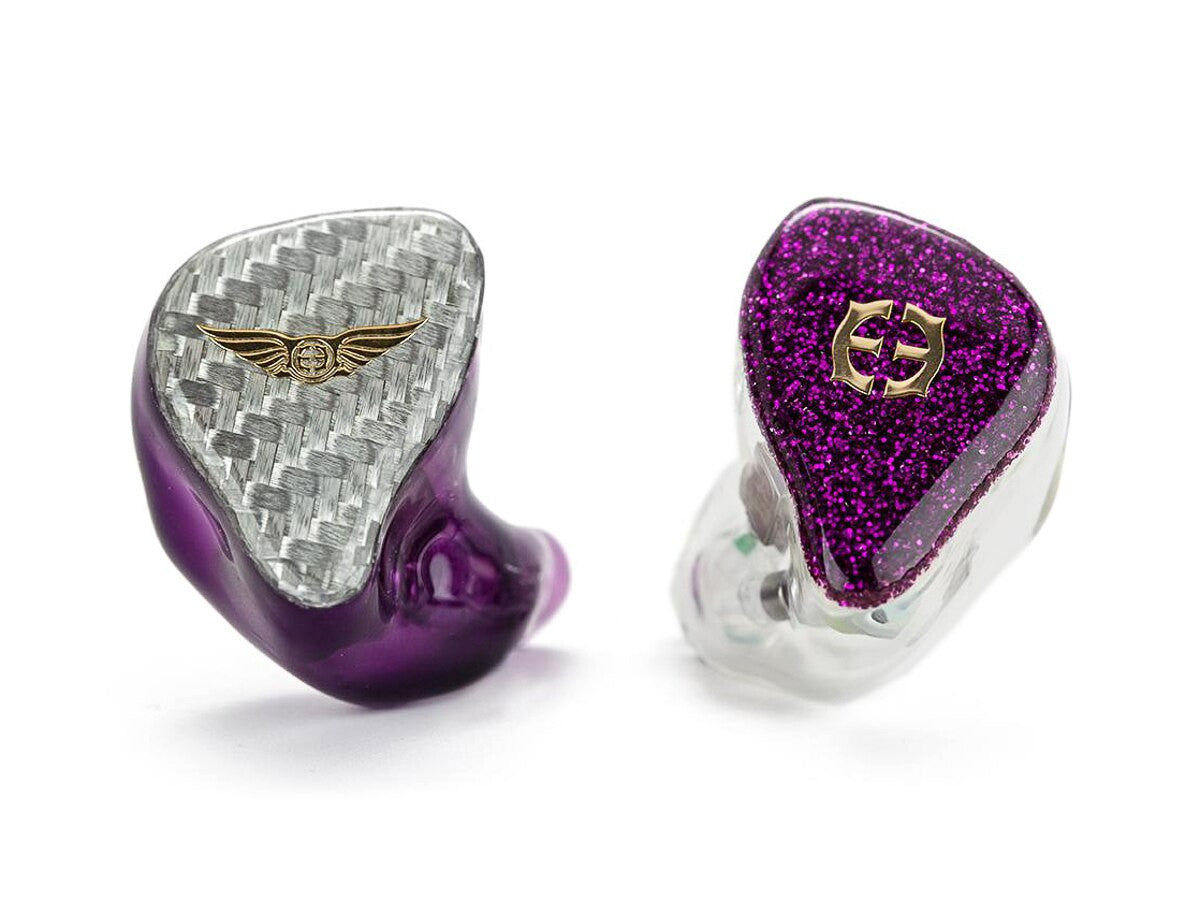 Empire Ears Legend X custom IEMs in Silver Carbon Fiber and Purple Glitter faceplates