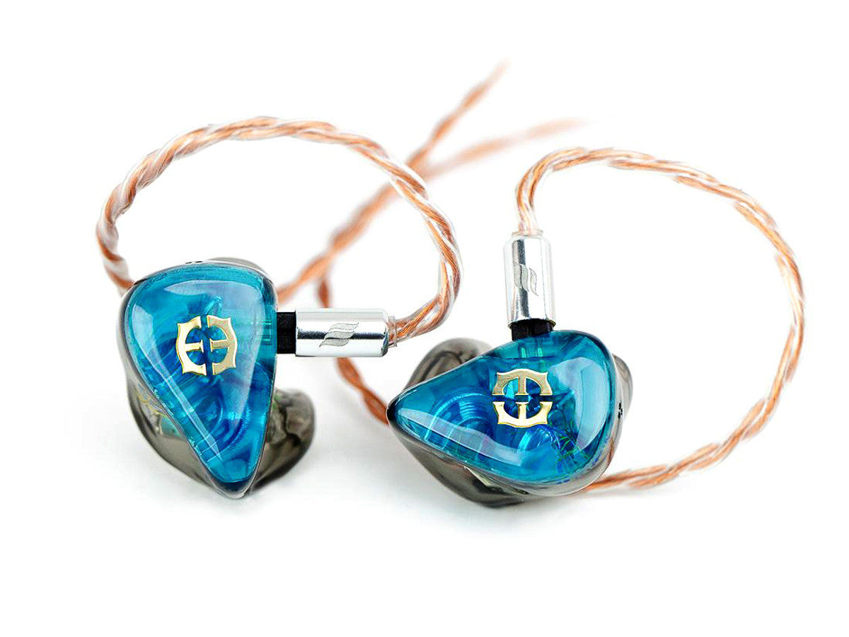 Empire Ears ESR MKII custom IEMs with Transluscent Aqua faceplates and Transluscent Storm body